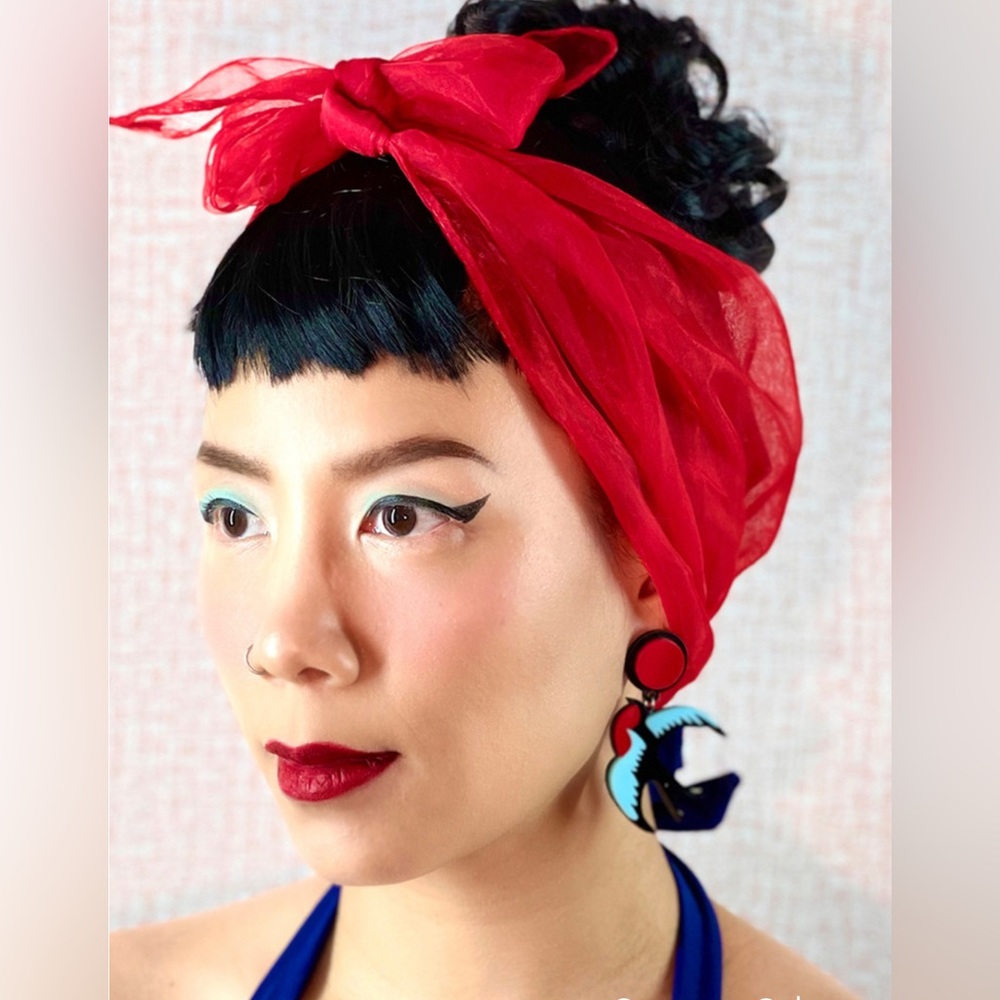 Red Retro 50'S Vintage Style Sheer Tulle Head Scarf  Wrap Bandana Neckerchief
